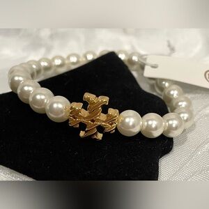 NWT Tory Burch Pearl Stretch Bracelet with Gold Logo Accent